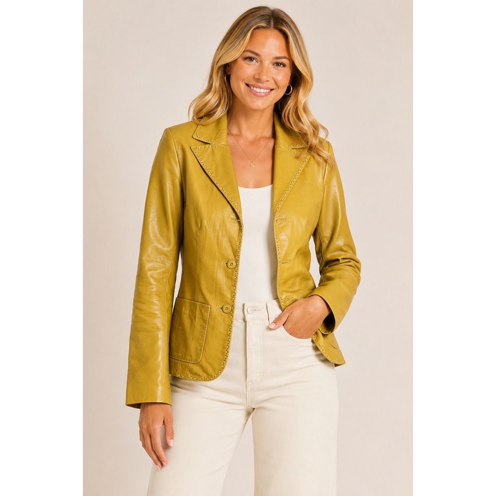 Gimo's Leather Blazer Women S Mustard Yellow Whipstitch Trim Patch Pocket Jacket